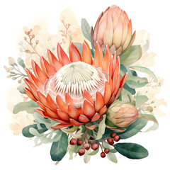 Watercolor Painting of protea flowers created  with Generative AI technology