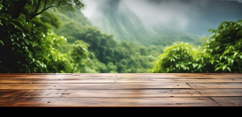 Empty wooden table top with mountain foggy jungle landscape with waterfall. Fog and clouds mountain tropical valley landscape, for display or montage your products. digital ai