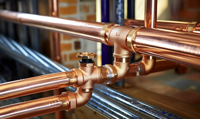 Plumbing service. copper pipeline of a heating system in boiler room. Plumbing, fixing pipes and fittings for connection of water or gas systems, digital ai