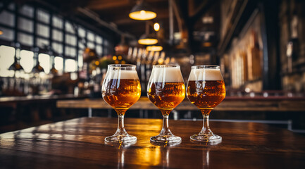 Glasses with craft beer on wooden bar. Tap beer in pint glasses arranged in a row. Closeup of five glasses of different types of draught beer in a pub. - obrazy, fototapety, plakaty