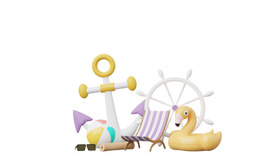 3D render Summer vacation, beach and sea icon elements objects group, holidays isolated on clean png background, Display for Product mockup with summer theme. minimal design.