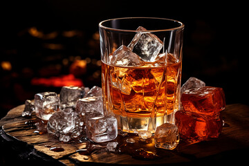glasses of cold drink with ice cubes and ice cubes on table, closeup,Generative AI
