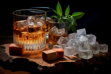 glasses of cold drink with ice cubes and ice cubes on table, closeup