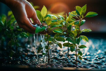 young man watering plants in garden,Generative AI