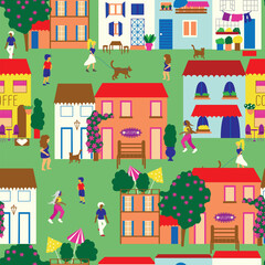 Green colorful cute tiny houses seamless vector background. Small houses with trees and people vector pattern.