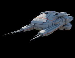 Deep Space Transport Starship with White and Orange Colour Scheme on Black Background - Front View, 3d digitally rendered science fiction illustration