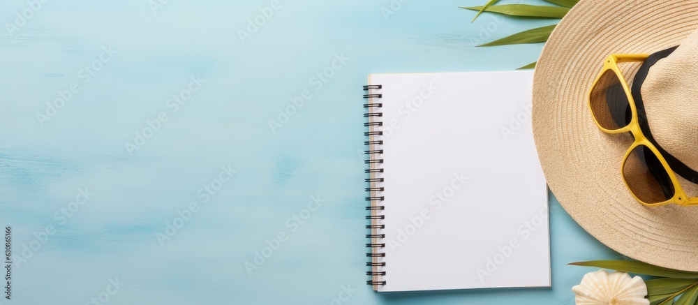 Poster A writing book with summer beach accessories is placed on a background and has copy space. is a flat lay with enough space for writing or copy.