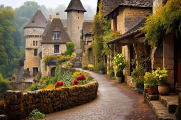 Mediaeval Charm of Castelnaud-La-Chapelle Village in Dordogne, France with Authentic French Architecture: Generative AI - obrazy, fototapety, plakaty