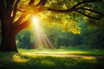 Sunshine Through the Trees in the Park. Beautiful Landscape with Sunlight and Rays of Sunshine in the Forest: Generative AI