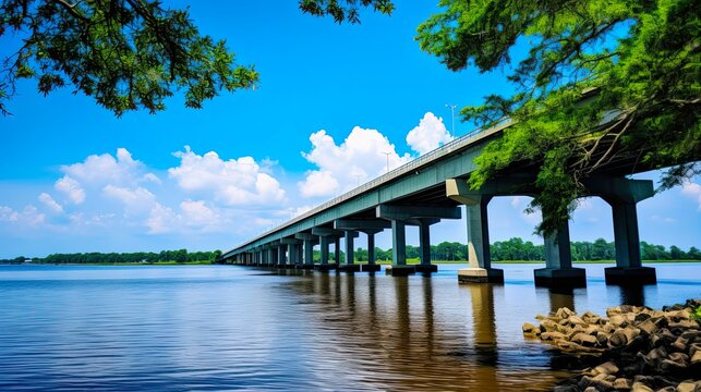 Scenic Views of Pearl River Raised Bridge in Slidell Louisiana: Captivating Summer Landscape with Beautiful Sky, Trees, and Water: Generative AI