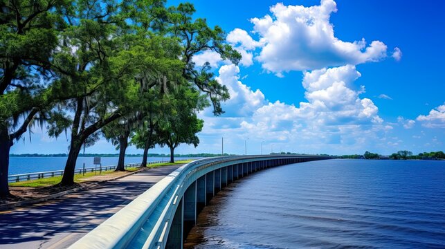 Summer Landscape of Slidell, Louisiana Showing Pearl River Raised Bridge Over Blue Water and Clear Sky: Generative AI