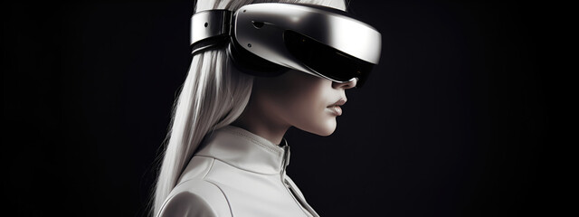 Blonde in profile in virtual glasses on a black background. Banner with free space