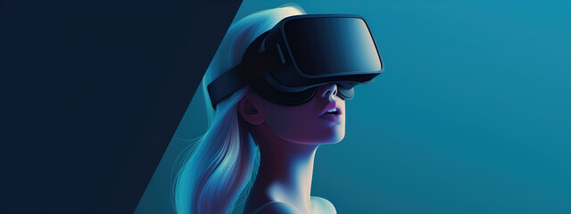 Banner with a blonde girl in virtual reality glasses on a dark blue background