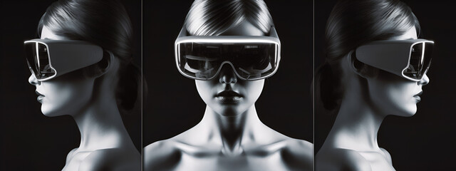 Black and white banner. Young girl in virtual reality glasses, shown from three sides