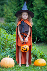 halloween kids. angry, upset, frightened girl in witch costume, black hat on scary merry holiday. child with pumpkin, jack o lantern, basket candy sweet, scaring boo. vertical