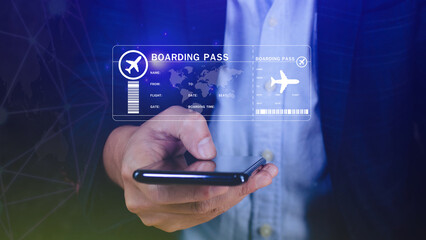 Businessman holding smart phone with boarding pass tickets air travel concept, Choosing checking...