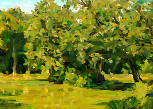 Oil painting of green trees