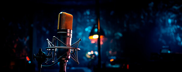 Studio microphone and pop shield on mic in the empty recording studio with copy space.