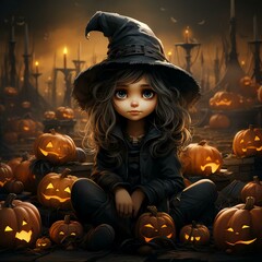 Little cute witch sits surrounded by pumpkins. Halloween.