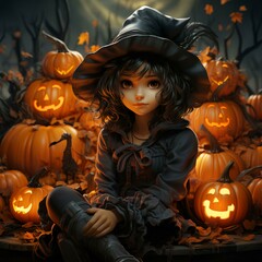 Little cute witch sits surrounded by pumpkins. Halloween.