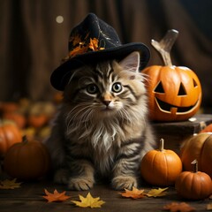 Cute cat in dark clothes, surrounded by pumpkins, halloween concept.