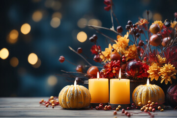 Candles and orange flowers, autumn composition on wooden background. Generative AI