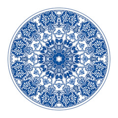 Azulejos - Portuguese tiles blue watercolor pattern. Traditional tribal ornament. Capri Maiolica