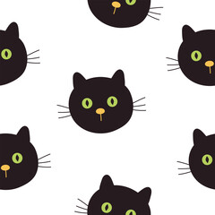 Seamless pattern with cute black cat. Vector illustration on white background. It can be used for wallpapers, wrappers, cards, patterns for clothes and others. 