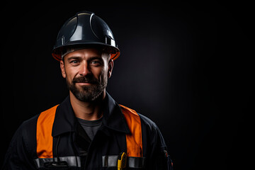 an engineer wearing an engineering helmet on a black background