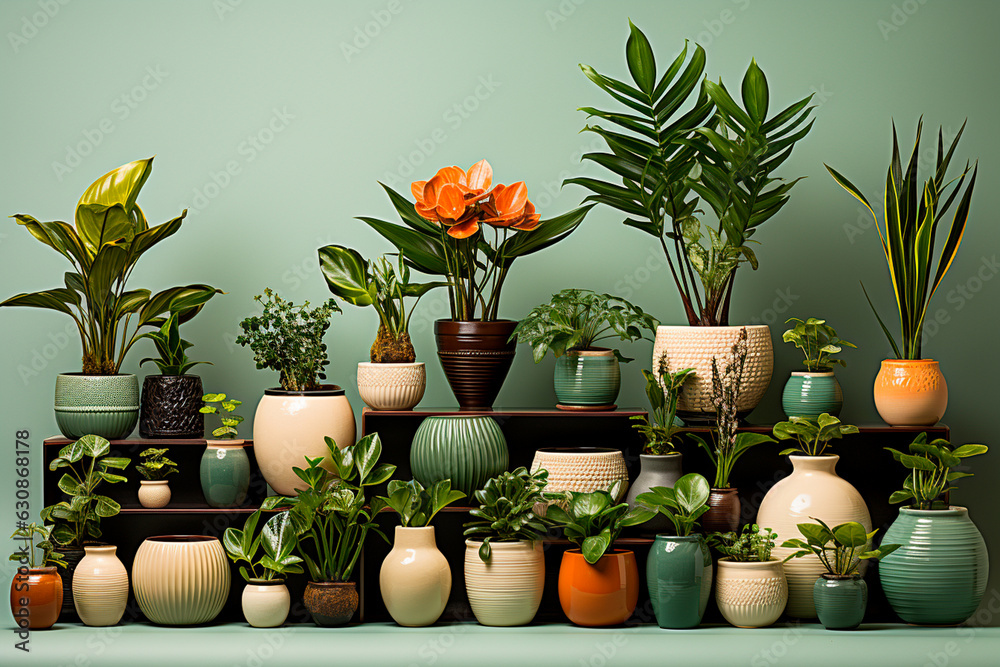 Wall mural set of different potted plants on beige background. flat lay