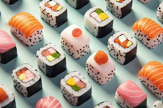 Colorful sushi maki rolls pattern on pastel background. Healthy asian vegetarian diet food with fish, rice, vegetables. Color, texture and shape of a seafood items.