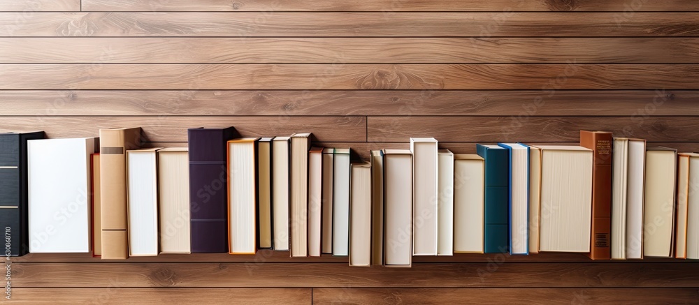 Poster different books placed on a wooden floor with a brown wood parquet background. empty space available
