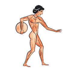 Ancient Greek Olympic athlete. Ancient Greek art. Painting on an amphora. Watercolor hand drawn illustration. Isolate. For the design of banners, prints and textiles. For packaging, labels, postcards.