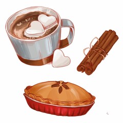 pumpkin pie, coffee cup and cinnamon autumn isolated sticker. set of cake, pumpkin and cinnamon. cute fall sketch for season menu