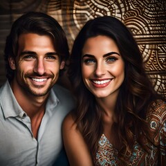 candid portrait of an attractive white Caucasian man and woman couple smiling. 25 years old.
