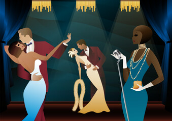 Singer and couple of people dancing in vintage costumes. Retro party in the style of the 1920-1930s. Vector illustration.