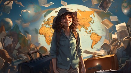 Illustration drawing of a trip around the world. Child, young girl, with packed suitcases rejoices. | Generative AI