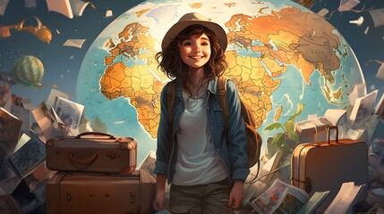 Illustration drawing of a trip around the world. Child, young girl, with packed suitcases rejoices. | Generative AI