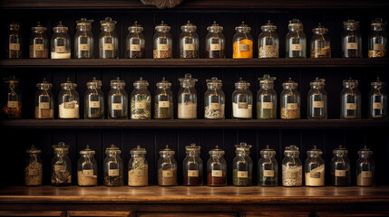 Scene of an antique apothecary cabinet filled with rows of small glass jars, each holding different dried herbs, shot with a warm, vintage ambiance