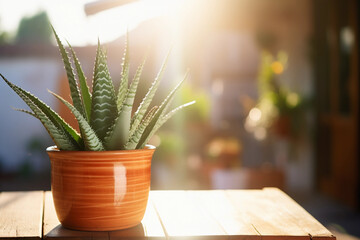 a soothing green aloe vera plant in a terracotta pot, soft focus background, sunlit from a nearby window