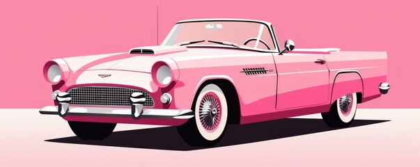 Illustration of a pink classic convertible car. Pink car on the background. Generative AI. - obrazy, fototapety, plakaty