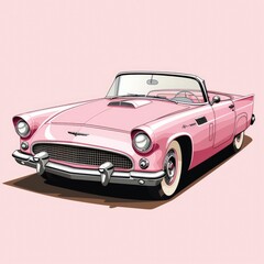 Illustration of a pink classic convertible car. Pink car on the background. Generative AI.