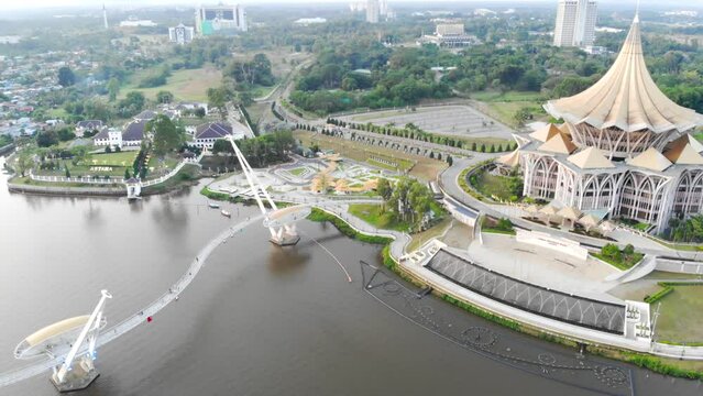 Amazing aerial view of Darul Hana Bridge near Sarawak legislative