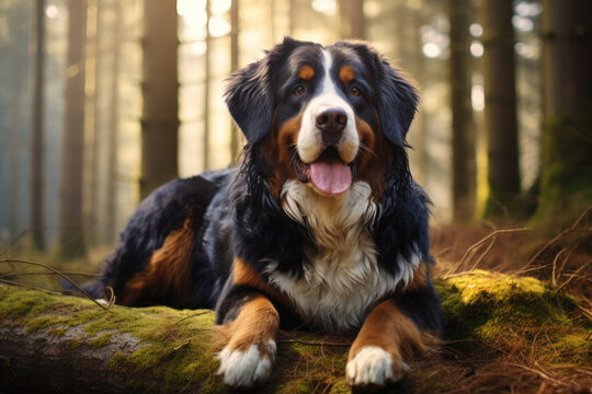 The Bernese Mountain Dog lies in the forest