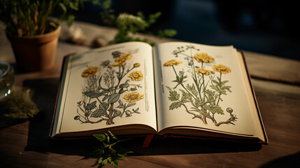 Naklejka na ściany i meble an open, leather - bound book featuring hand - drawn illustrations of medicinal plants, with a vintage botanical vibe