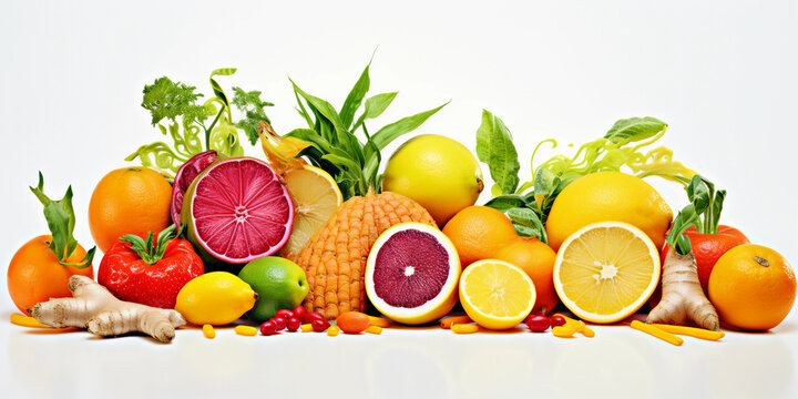 various medicinal fruits and vegetables, such as ginger and citrus, bold, saturated colors against a stark white background, modern and dynamic composition