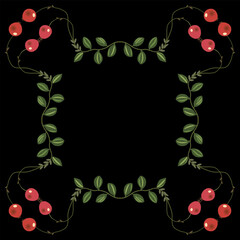Rectangular frame floral frame with branches of cranberry plant. Botanical ornament with green leaves and ripe red berries. Isolated vector illustration. On black background.