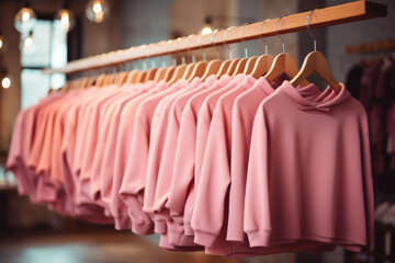 Pink sweatshirts hang on hangers in the store