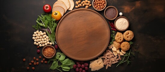 Top-down view of a round cutting board and frame with various allergenic food products, providing a space for writing or copying.