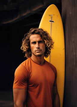 Portrait Of  A Handsome Blonde Surfer Man With Surf Board On The Beach